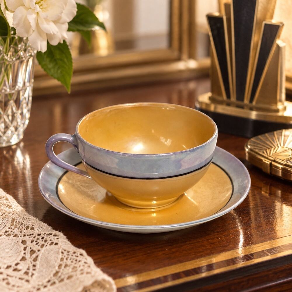 Vintage 1930s Japan Art Deco Lusterware Cup Saucer Butterscotch Gray Black